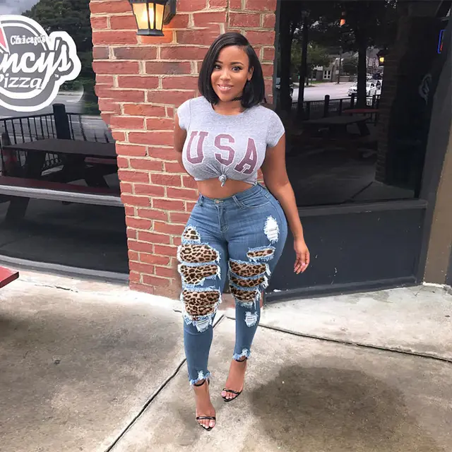 Personalized leopard cut hole skinny jeans Blue - Shop at LoveMi