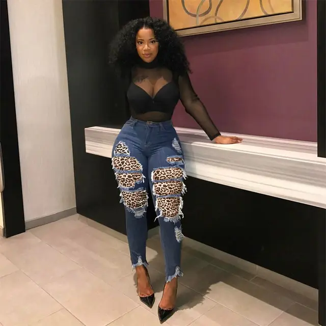 Personalized leopard cut hole skinny jeans Navy Blue - Shop at LoveMi