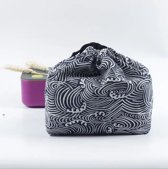 Japanese style cotton and hemp fabric lunch box bag Dark Wave - Shop at LoveMi