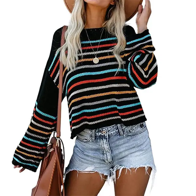 Colorful striped sweater women autumn Black - Shop at LoveMi