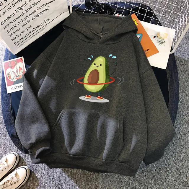 Hoodies Sporty Cartoon Avocado Print Warm New Sweatshirt Wom Dark Grey - Shop at LoveMi