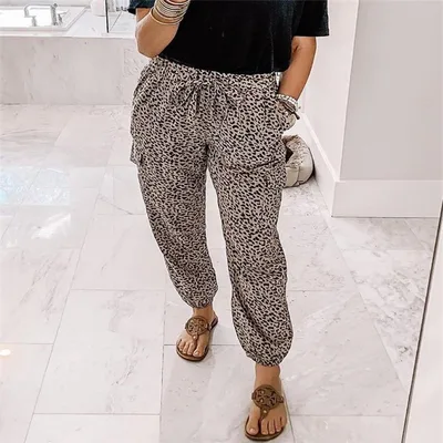 Leopard print elastic waist casual trousers Beige - Shop at LoveMi