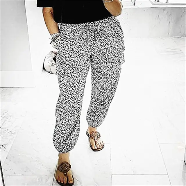 Leopard print elastic waist casual trousers White - Shop at LoveMi
