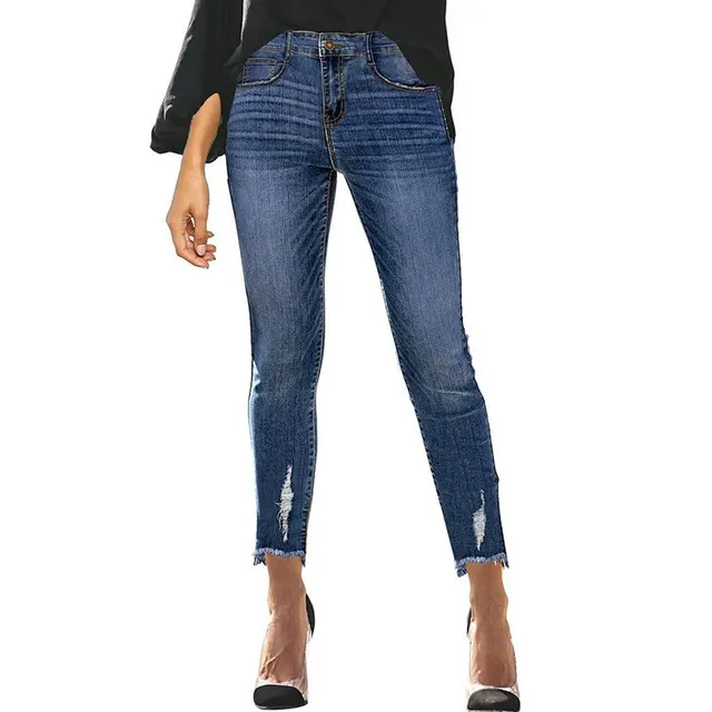 European and American Frayed Slim Ankle Jeans Dark Blue - Shop at LoveMi