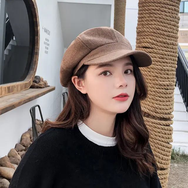 Female autumn and winter England fashion retro black octagonal hat Brown - Shop at LoveMi