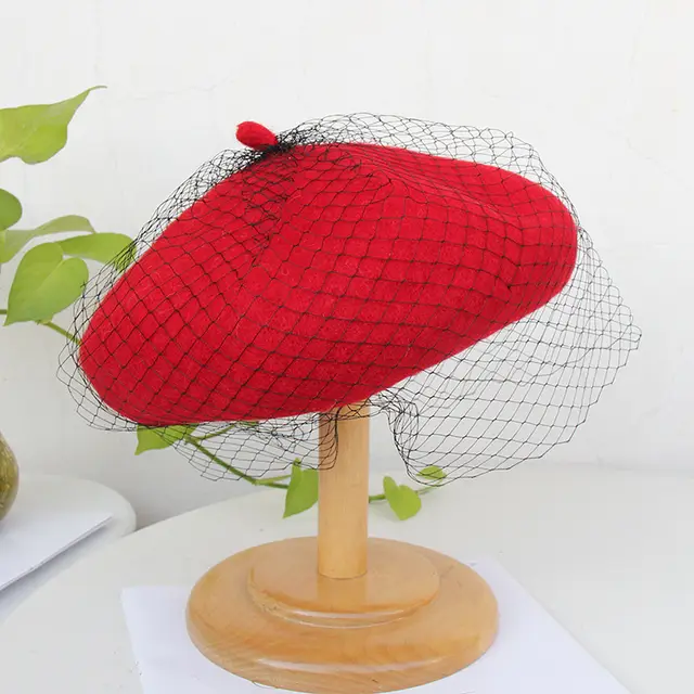 Autumn and Winter British Vintage Lace Mesh Woolen Beret Winter Red - Shop at LoveMi