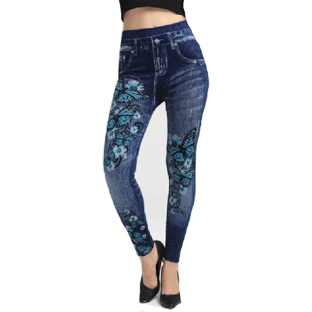 Women's Butterfly Print Imitation Denim Leggings Blue - Shop at LoveMi