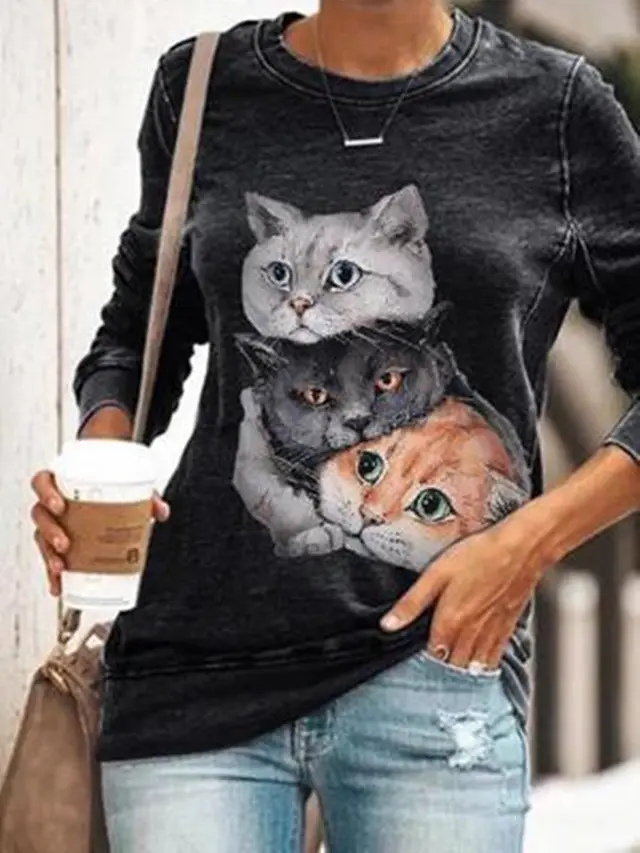 Cat Print Round Neck Long Sleeve T Shirt Sweatshirt Black - Shop at LoveMi