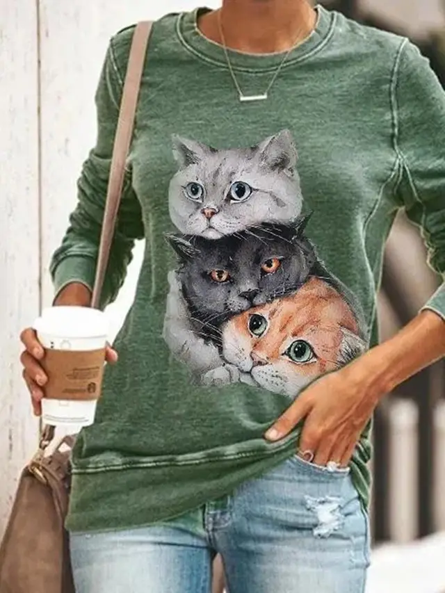Cat Print Round Neck Long Sleeve T Shirt Sweatshirt Green - Shop at LoveMi