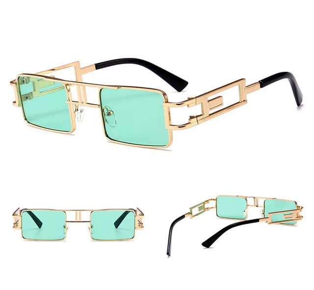 mens rectangular sunglasses steampunk men metal frame gold black red flat top square sun glasses for women Green - Shop at LoveMi