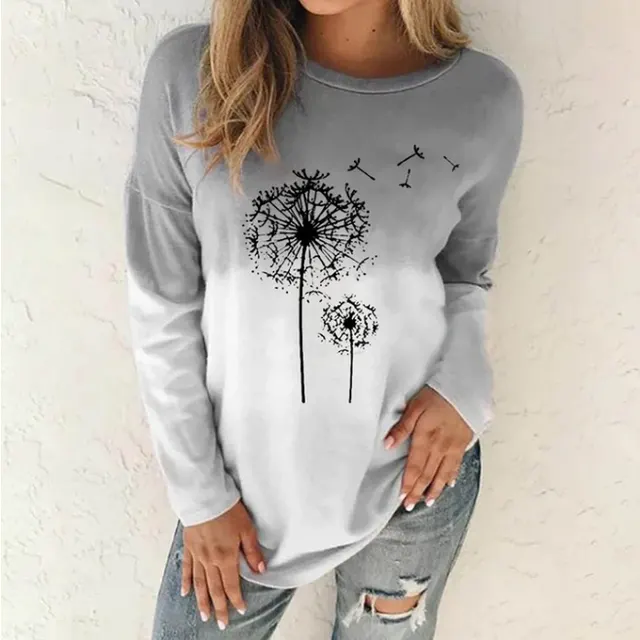 Tie dye Graded Print Round Collar Loose Long sleeved T shirt Grey - Shop at LoveMi