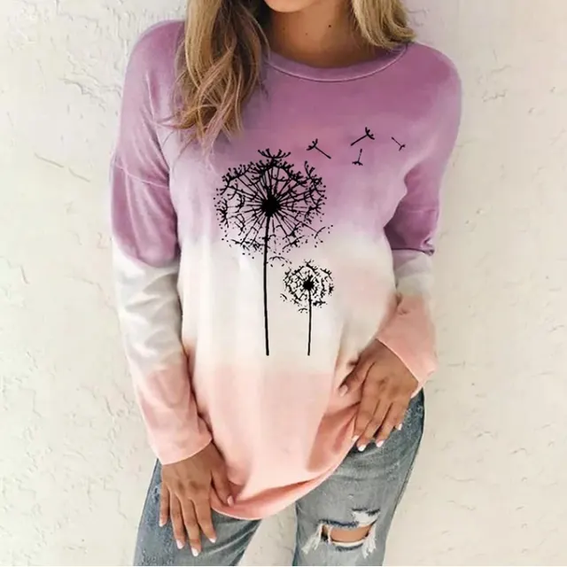 Tie dye Graded Print Round Collar Loose Long sleeved T shirt Purple - Shop at LoveMi