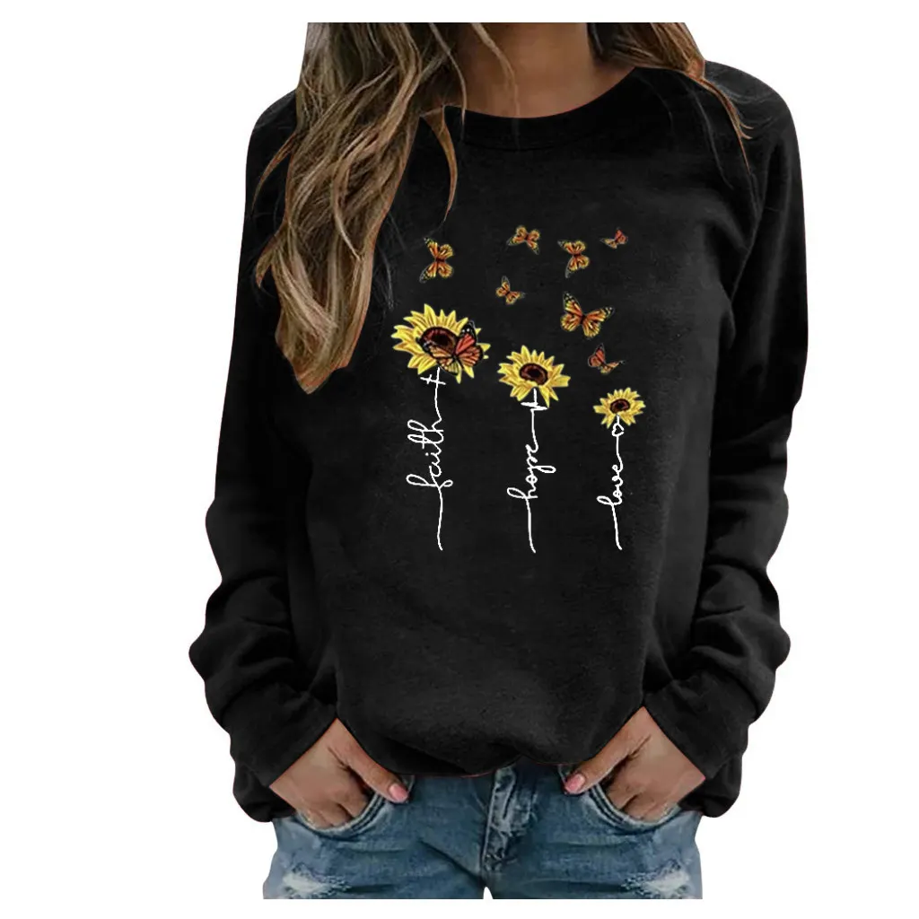 Women's long sleeve printed round neck sweater - Black