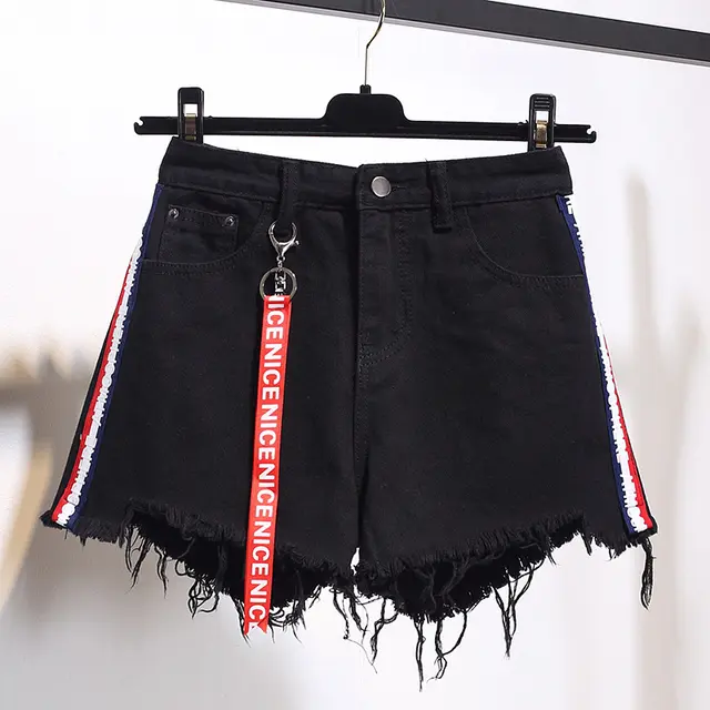 High waist denim shorts female summer dress fat mm loose 200 kg plus fertilizer XL thin wide leg hole a word hot pants Black - Shop at LoveMi