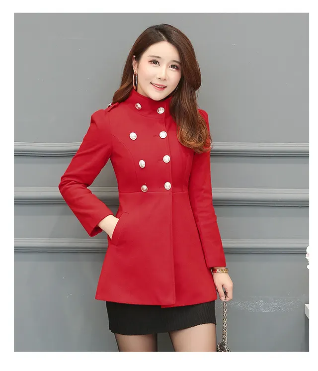 Slim slimming plus size mid length woolen coat Red - Shop at LoveMi