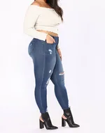 New large size women's hole dark blue jeans women's clothing - Blue