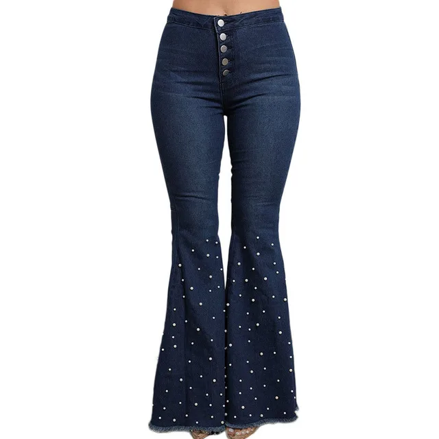 Beaded flared jeans with rough edges Dark Blue - Shop at LoveMi