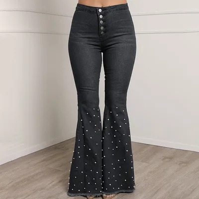 Beaded flared jeans with rough edges Grey - Shop at LoveMi