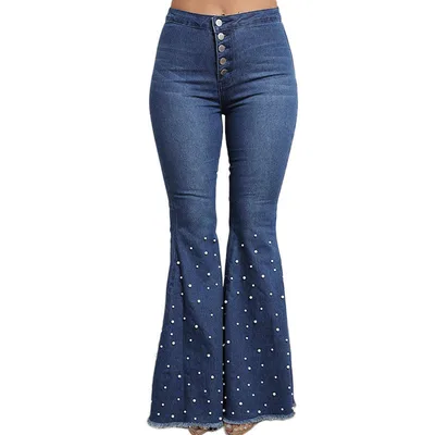Beaded flared jeans with rough edges Light Blue - Shop at LoveMi