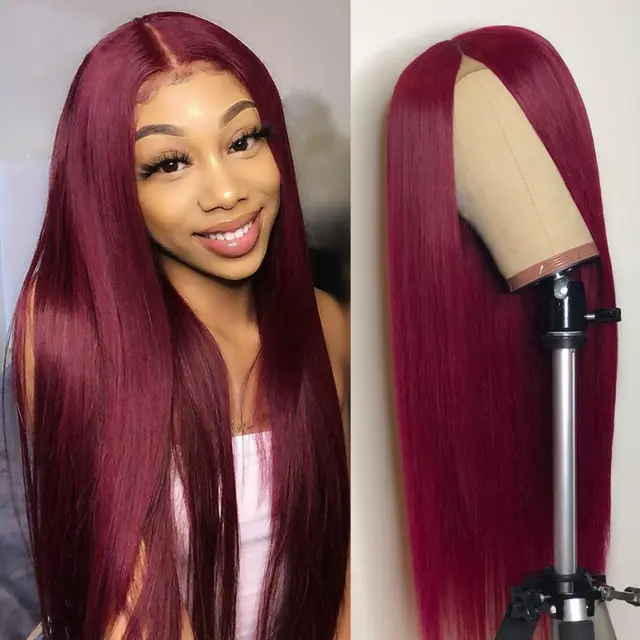 Wig Female Long Straight Hair Wine Red Europe and America Wine Red - Shop at LoveMi
