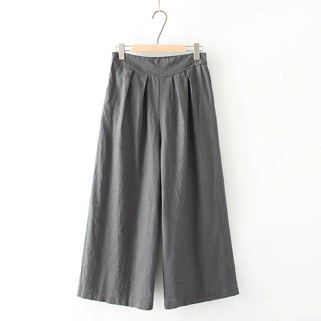 Cotton and linen wide leg cropped trousers Grey - Shop at LoveMi