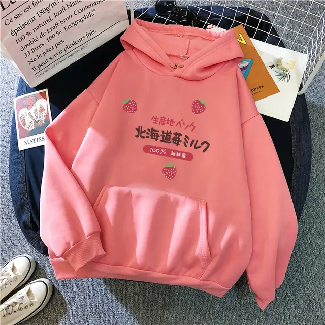 Candy Color Weatshirt Print Strawberry Figure Hooded Sweater Deep Pink - Shop at LoveMi