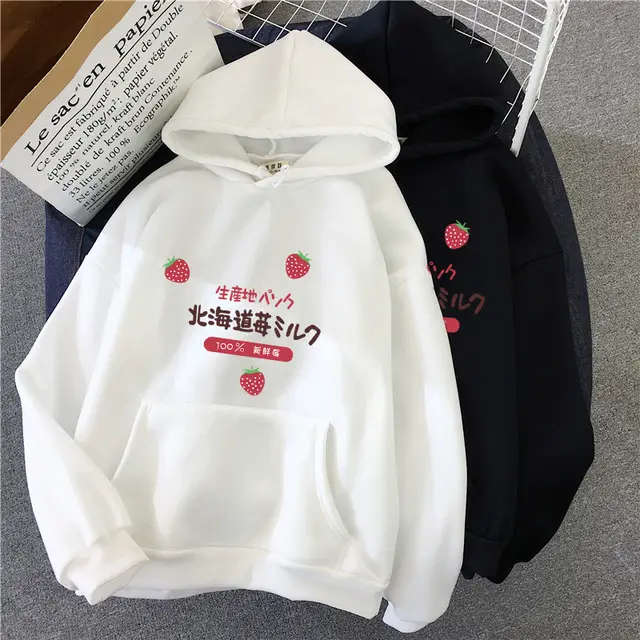 Candy Color Weatshirt Print Strawberry Figure Hooded Sweater White - Shop at LoveMi