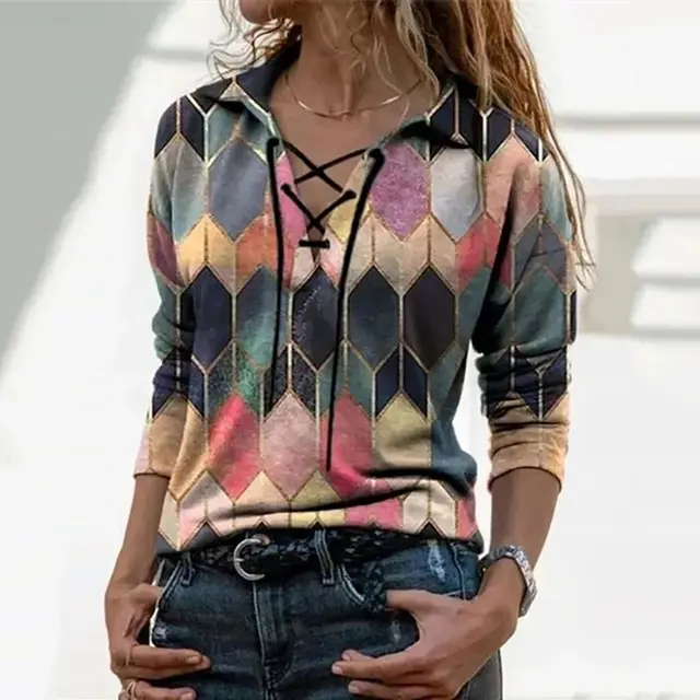 Loose Printed Long Sleeved Tie V Neck T Shirt Pink - Shop at LoveMi