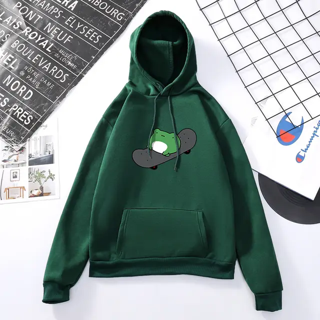 Skateboard Frog Long sleeved Fleece Sweatshirt Dark Green - Shop at LoveMi