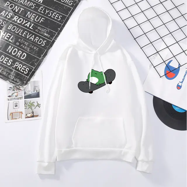 Skateboard Frog Long sleeved Fleece Sweatshirt White - Shop at LoveMi