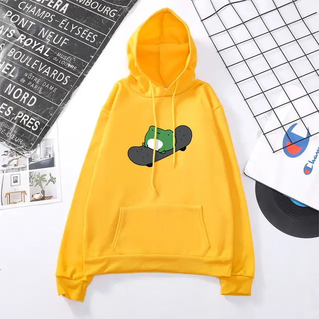 Skateboard Frog Long sleeved Fleece Sweatshirt Yellow - Shop at LoveMi