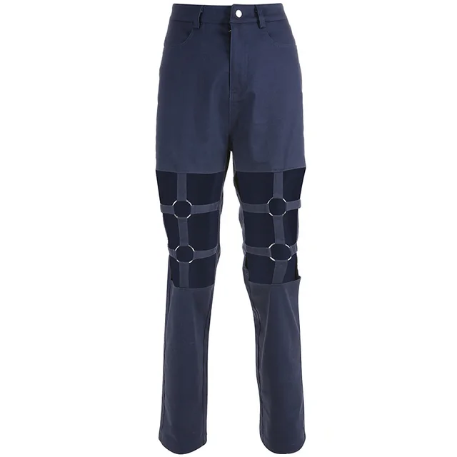 Spring sexy hollow hollow leg straight overalls women Europe and America retro loose high waist handsome casual pants Blue - Shop at LoveMi