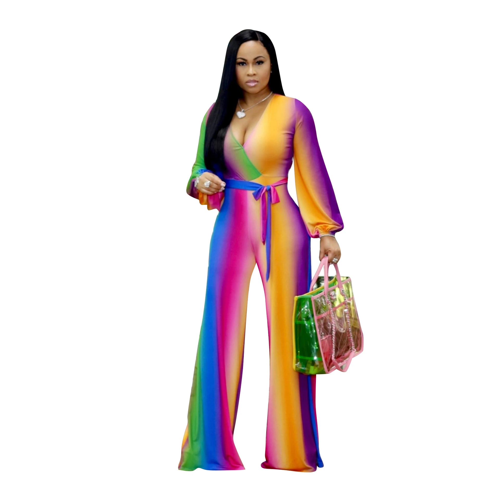 Deep V wide-leg bootcut casual jumpsuit - Multicolor