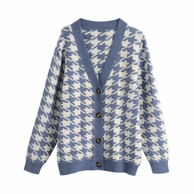 Houndstooth coat sweater cardigan Blue - Shop at LoveMi