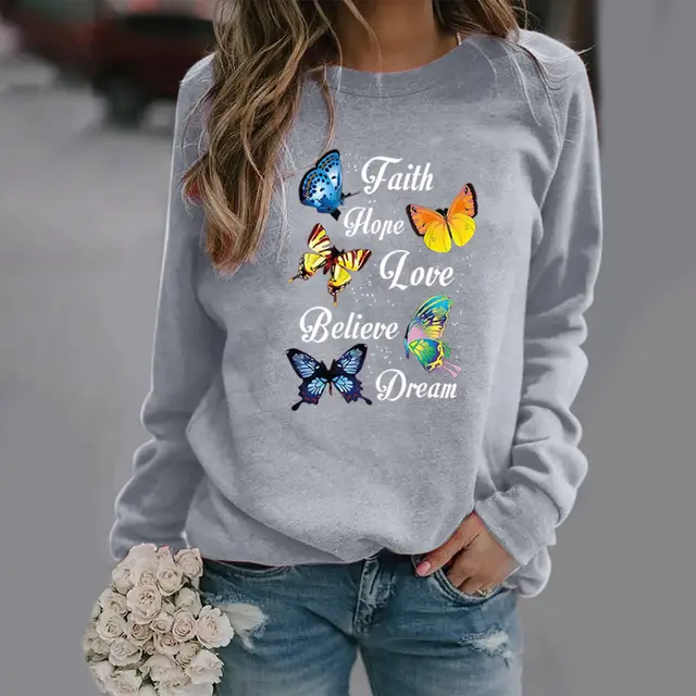Butterfly Print Long sleeved Round Neck Sweatshirt Grey - Shop at LoveMi