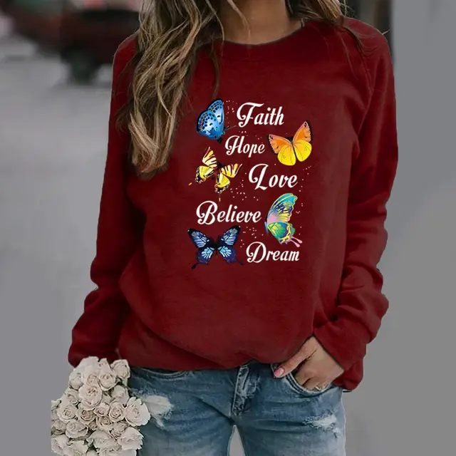 Butterfly Print Long sleeved Round Neck Sweatshirt Wine Red - Shop at LoveMi