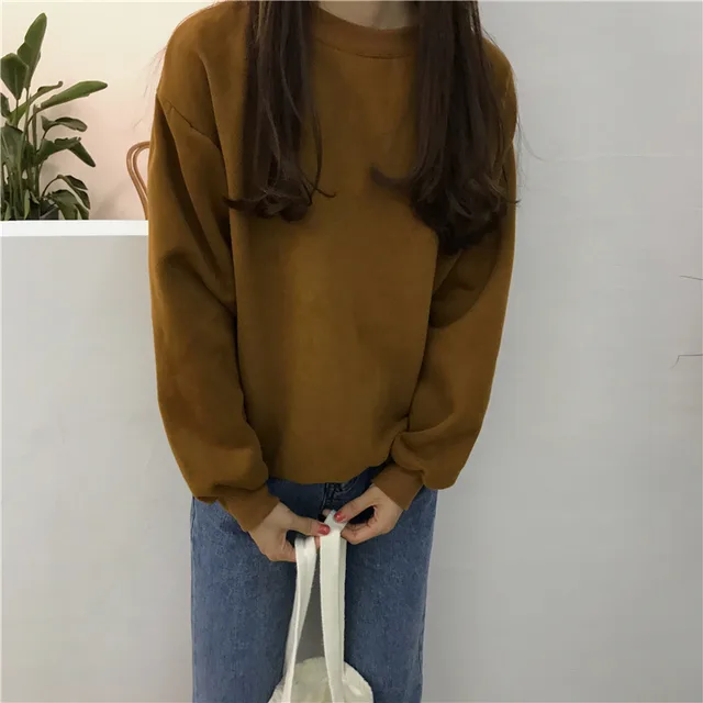 Solid Color Pullover Round Neck Basic Bottoming Top Khaki - Shop at LoveMi