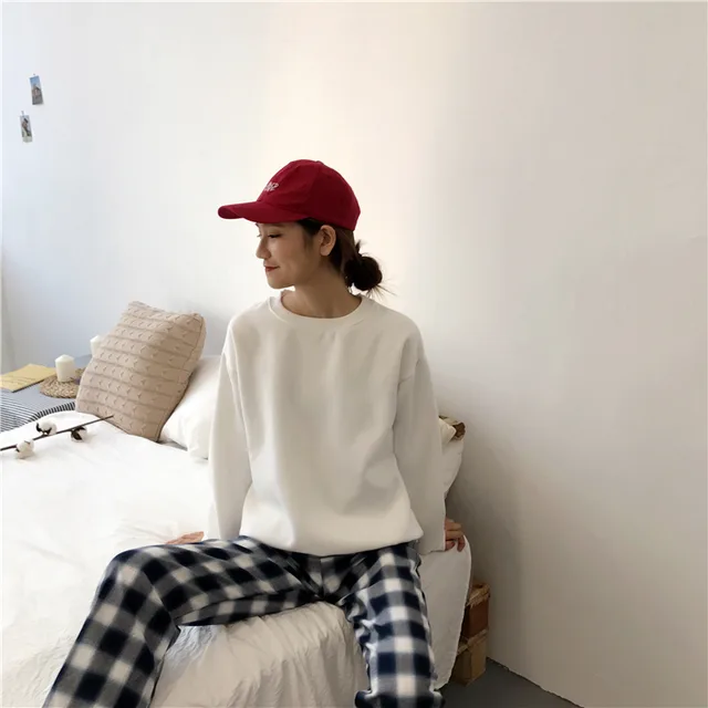 Solid Color Pullover Round Neck Basic Bottoming Top White - Shop at LoveMi