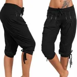 Pure color cotton hot drilling casual cropped trousers - Black