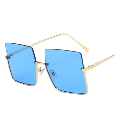 Half Frame Metal Trimmed Square Sunglasses Gold Blue - Shop at LoveMi