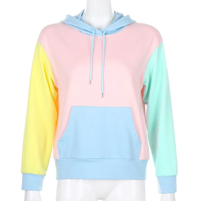 Fashion contrast stitching long sleeve loose hooded women's mid length top Pink - Shop at LoveMi