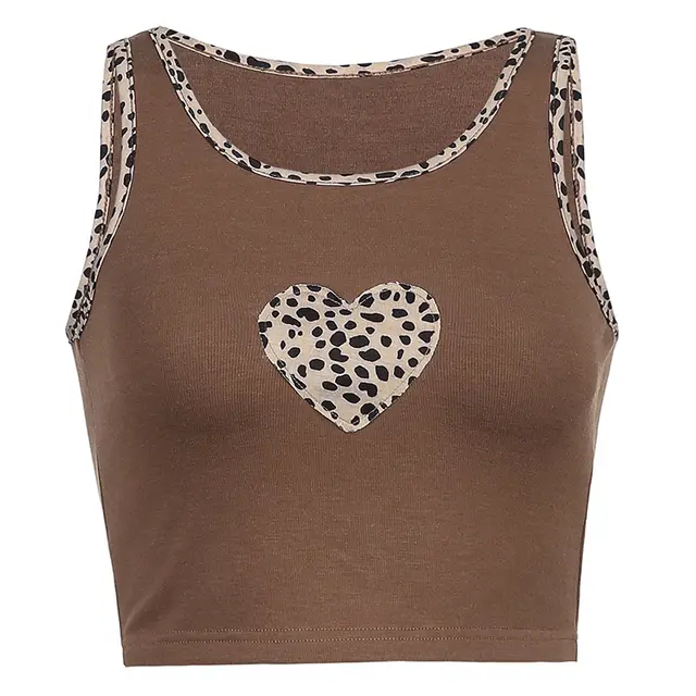 Patchwork Brown Cute Tops Women Leopard Heart Sexy Tank Top Brown - Shop at LoveMi