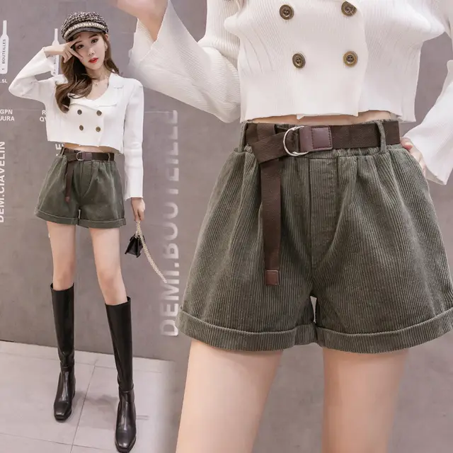 Shorts Women's High Waist Loose A line Wide Leg Wear 5 piece Flannel Pants Green - Shop at LoveMi