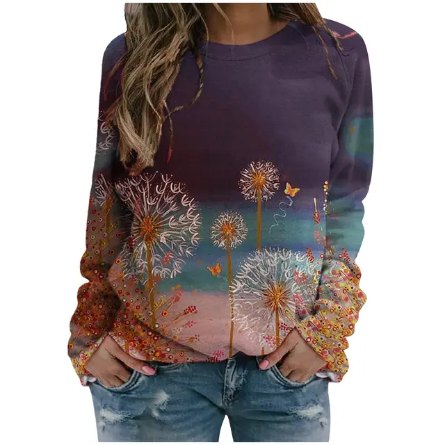 Printed long sleeved casual plus velvet T shirt top Purple - Shop at LoveMi