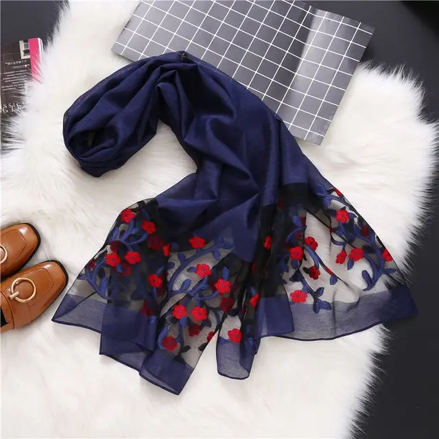 new brand women scarf fashion hollow Embroidery silk scarves lady shawls and wraps spring summer sunscreen beach stoles Dark Blue - Shop at LoveMi