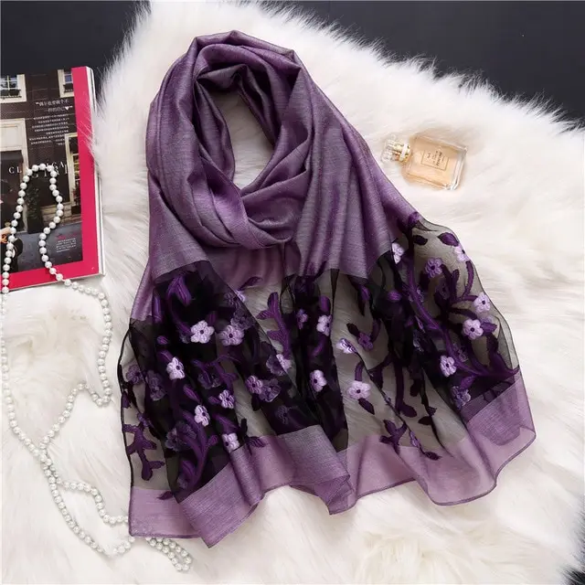 new brand women scarf fashion hollow Embroidery silk scarves lady shawls and wraps spring summer sunscreen beach stoles Purple - Shop at LoveMi