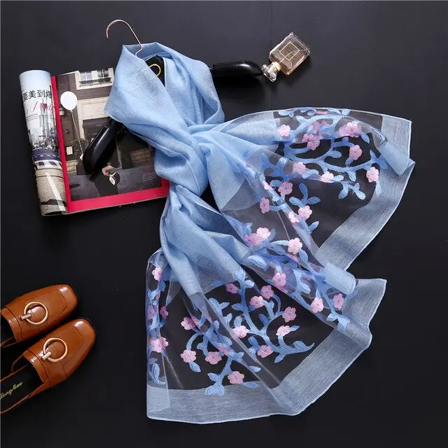 new brand women scarf fashion hollow Embroidery silk scarves lady shawls and wraps spring summer sunscreen beach stoles Sky Blue - Shop at LoveMi