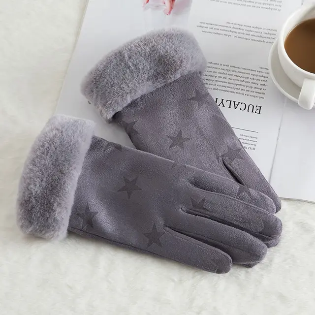 Women's suede winter wool warm gloves N912 Grey - Shop at LoveMi