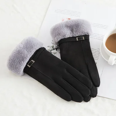Women's suede winter wool warm gloves N915 Black - Shop at LoveMi