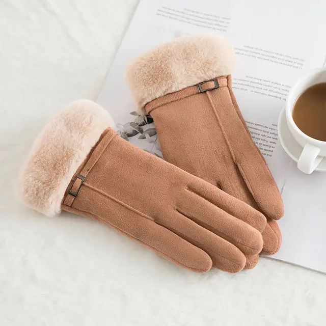 Women's suede winter wool warm gloves N915 Khaki - Shop at LoveMi